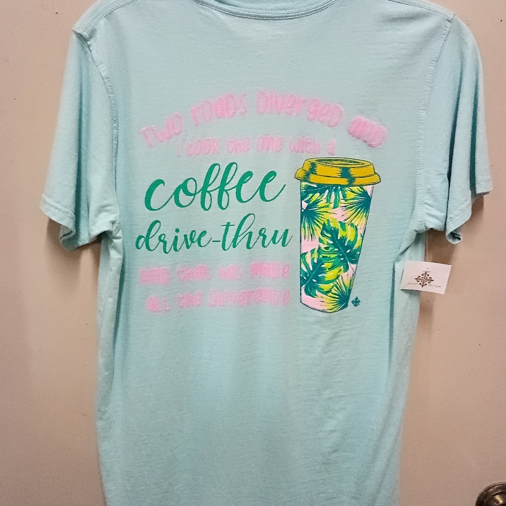 NWT, Light Blue Graphic T-Shirt with Coffee Cup Design
